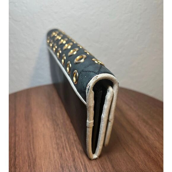 Miu Miu Leather Long Wallet Deep Navy Gold Grommet Studded Edgy Biker Alt Grunge - Picture 4 of 8